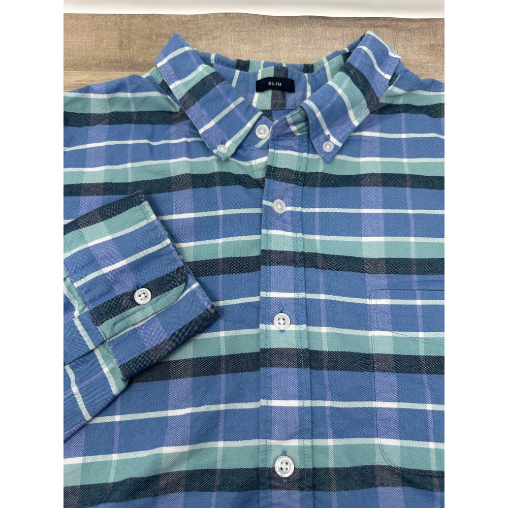 J Crew Blue Green Plaid‎ Long Sleeve Button Down Shirt Mens Slim X-Large